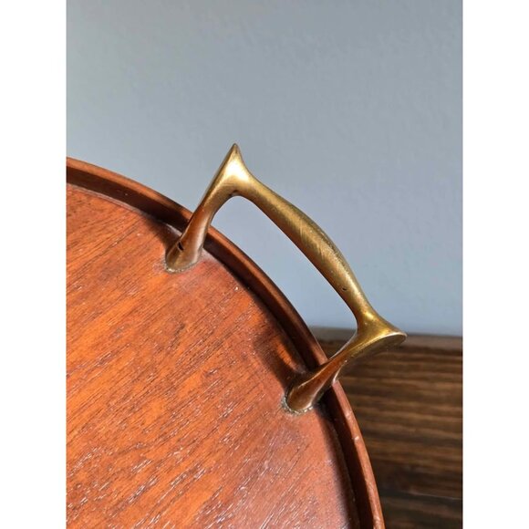 Handmade Vintage Marquetry Inlaid Wood Tea Tray with Brass Handles - Picture 8 of 10